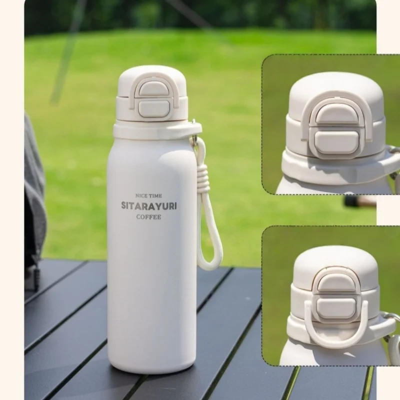 SITARAYURI Sports Thermos Cup 600ML Pop-up Straw Thermal Mug Double-drinking Water Bottles with Carrying Rope Portable Car Cups