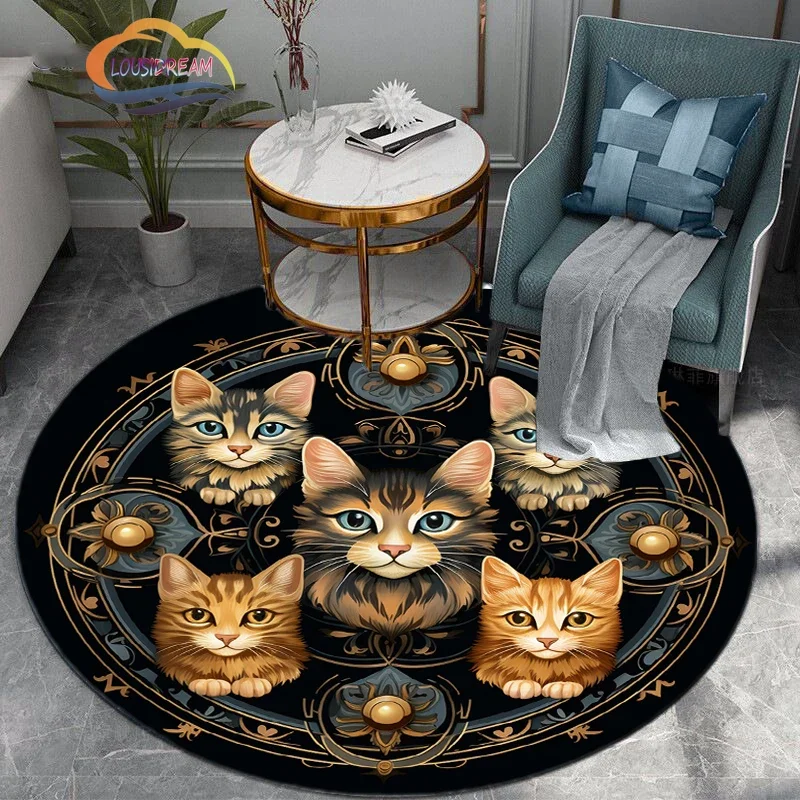 

Animal Cute Cat Round Decorative Rug 3D Printed Cartoon Art Living Room Bedroom Child Study Carpet Desk Chair Mat