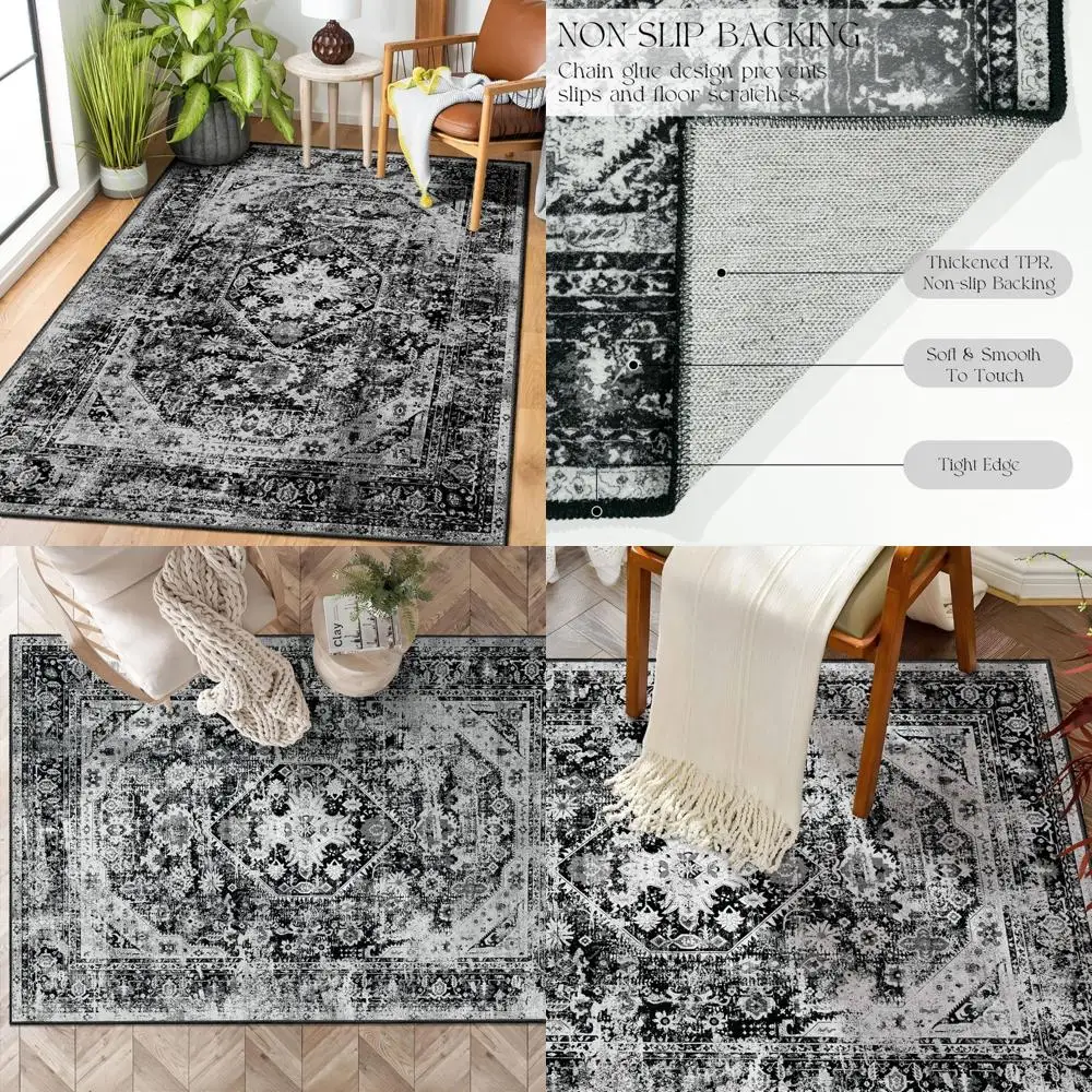 

MUJOO Washable 3x5 Rugs - Suitable for Entryways, Bedrooms, Living Rooms - Black, Small, Non-Slip, Machine Washable Carpets