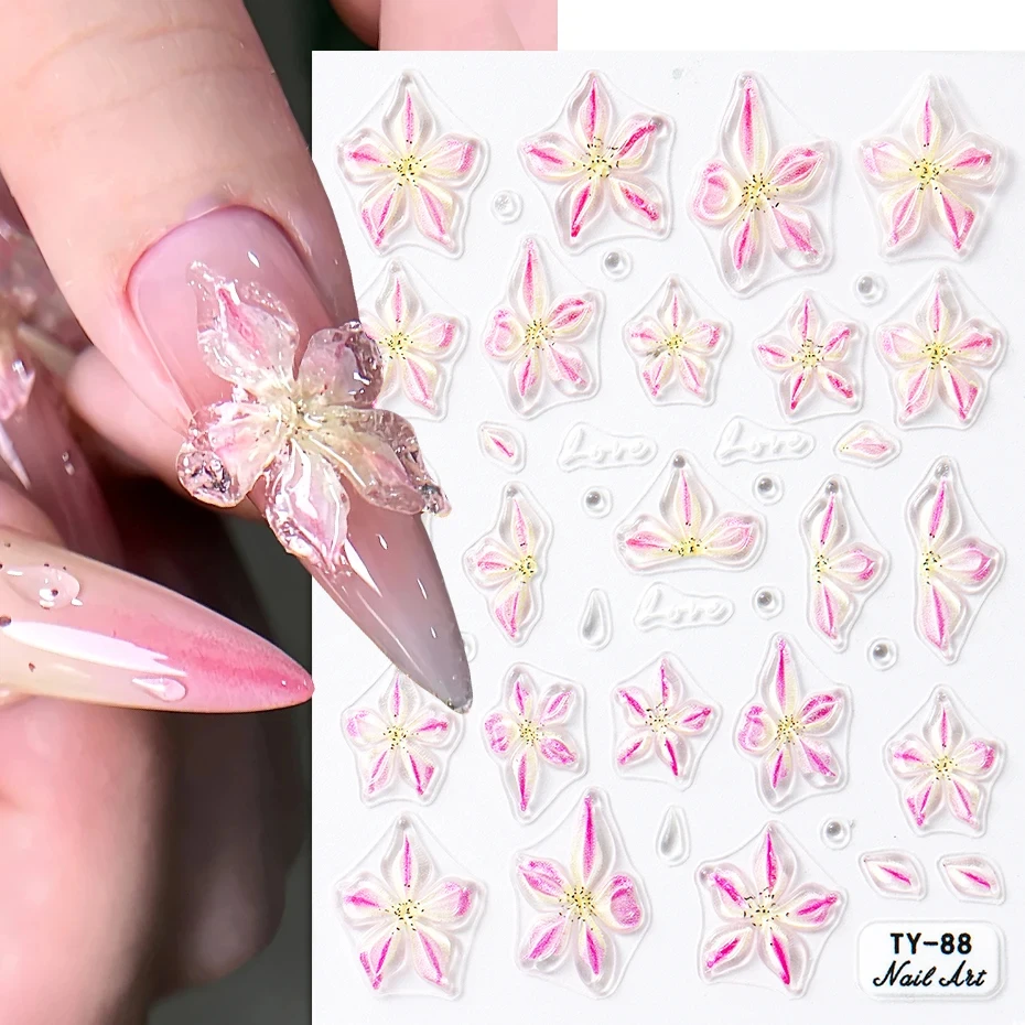 5D Pink Lily Flower Nail Stickers Embossed Floral Design Self-Adhesive Decals Kawaii Petals Water Drop Nail Charms Sliders Decor