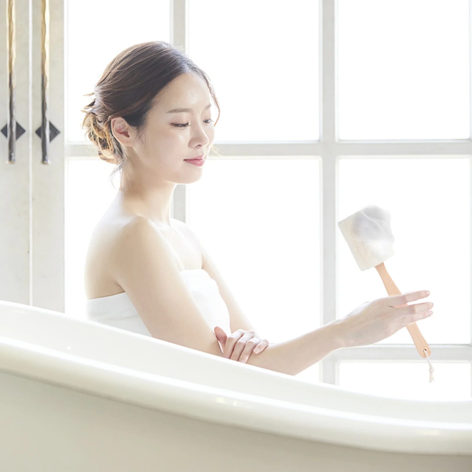 

Natural Loofah Bath Brush with Long Wooden Handle Exfoliating Body Scrubber Shower Brush Removes Dead Skin Oily Dry Skin