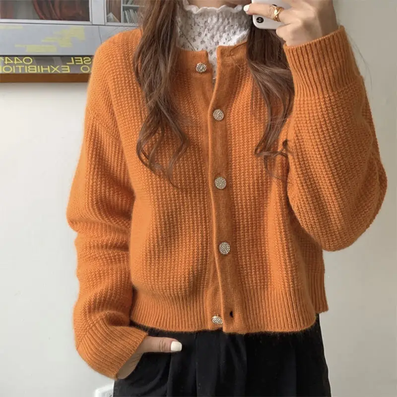 Women Autumn Vintage Fashion Loose Solid Color O-neck Long Sleeve Knitwear Ladies Office Lady All-match Knitting Cardigan Coat