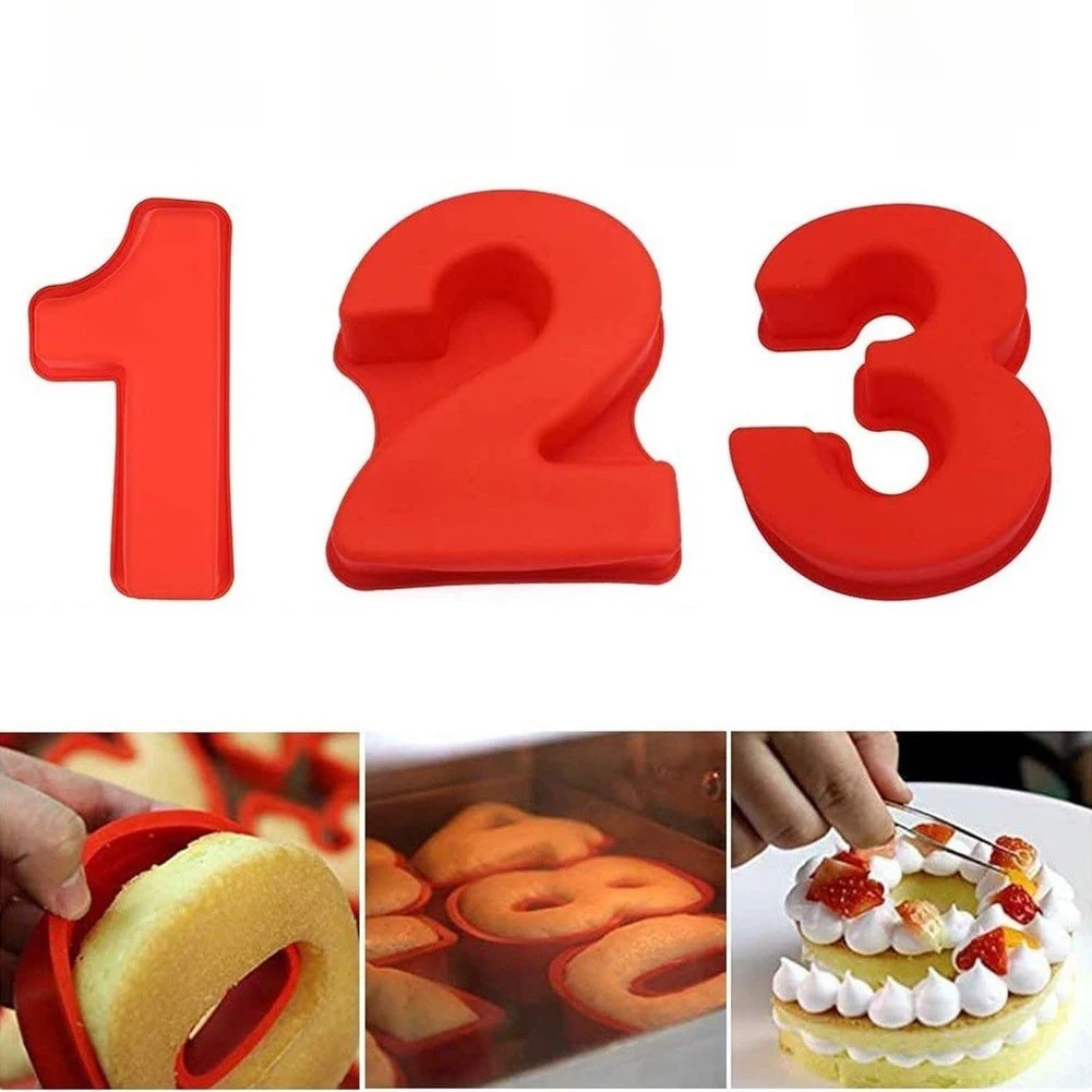 9pcs Silicone Number Cake Molds 10 Inch Nonstick Baking Forms For Birthday Celebration Kitchen Bakeware Sets Red