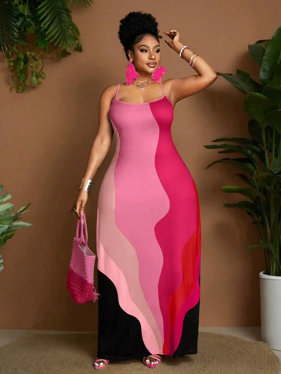 

Women Plus Size Sleeveless Maxi Dress Summer Hot Pink Abstract Pattern
