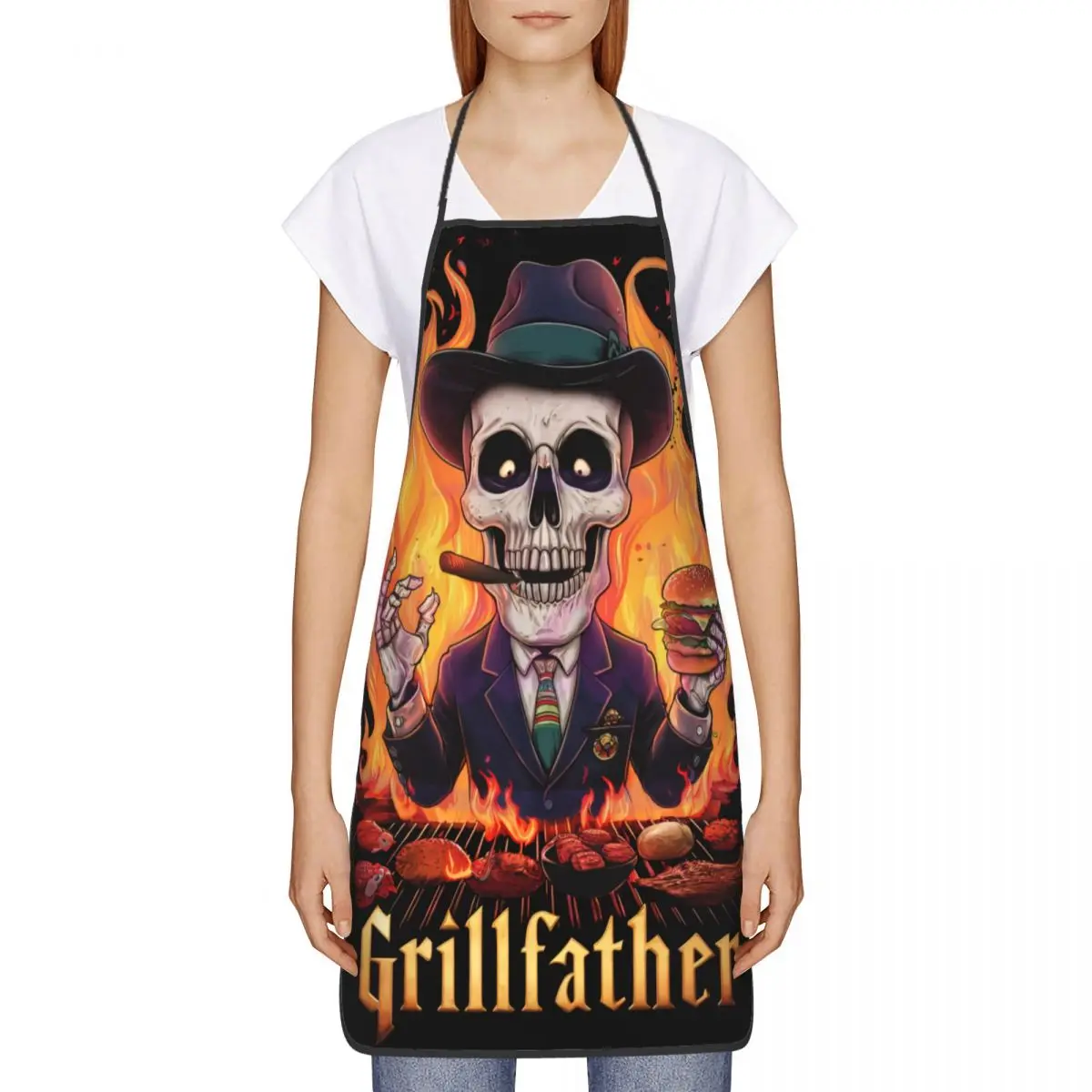 Custom Unisex Funny Grillfather Skeleton Kitchen Chef Cooking Baking Apron Men Women Tablier Cuisine for Gardening