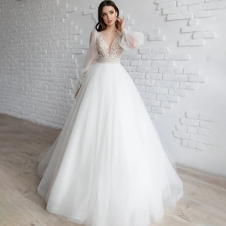 

Customized A-Line Deep V-Neck Long Sleeve Lace For Top Tull Skirt Wedding Dress Backless Zipper Evening Dress vestidos de novia