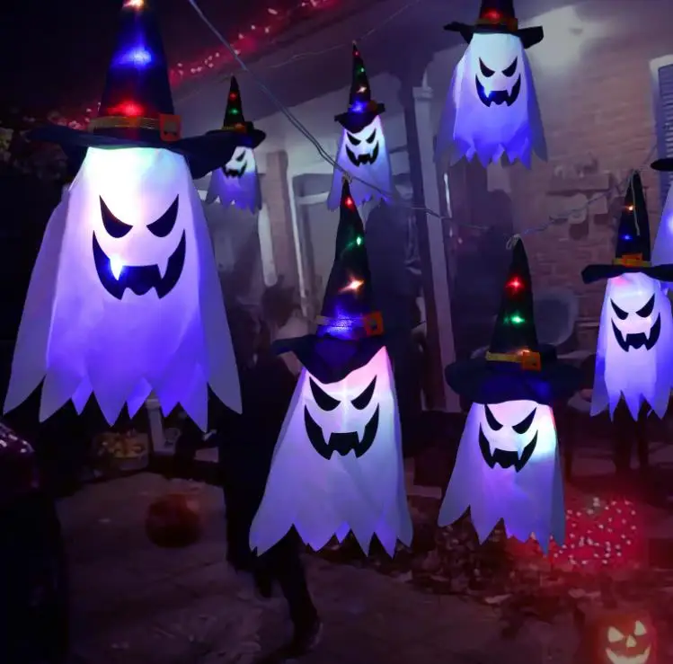 Halloween LED Flashing Light Hanging Ghost Halloween Party Dress Up Glowing Wizard Hat Lamp Horror Props Home Bar Decoration SN