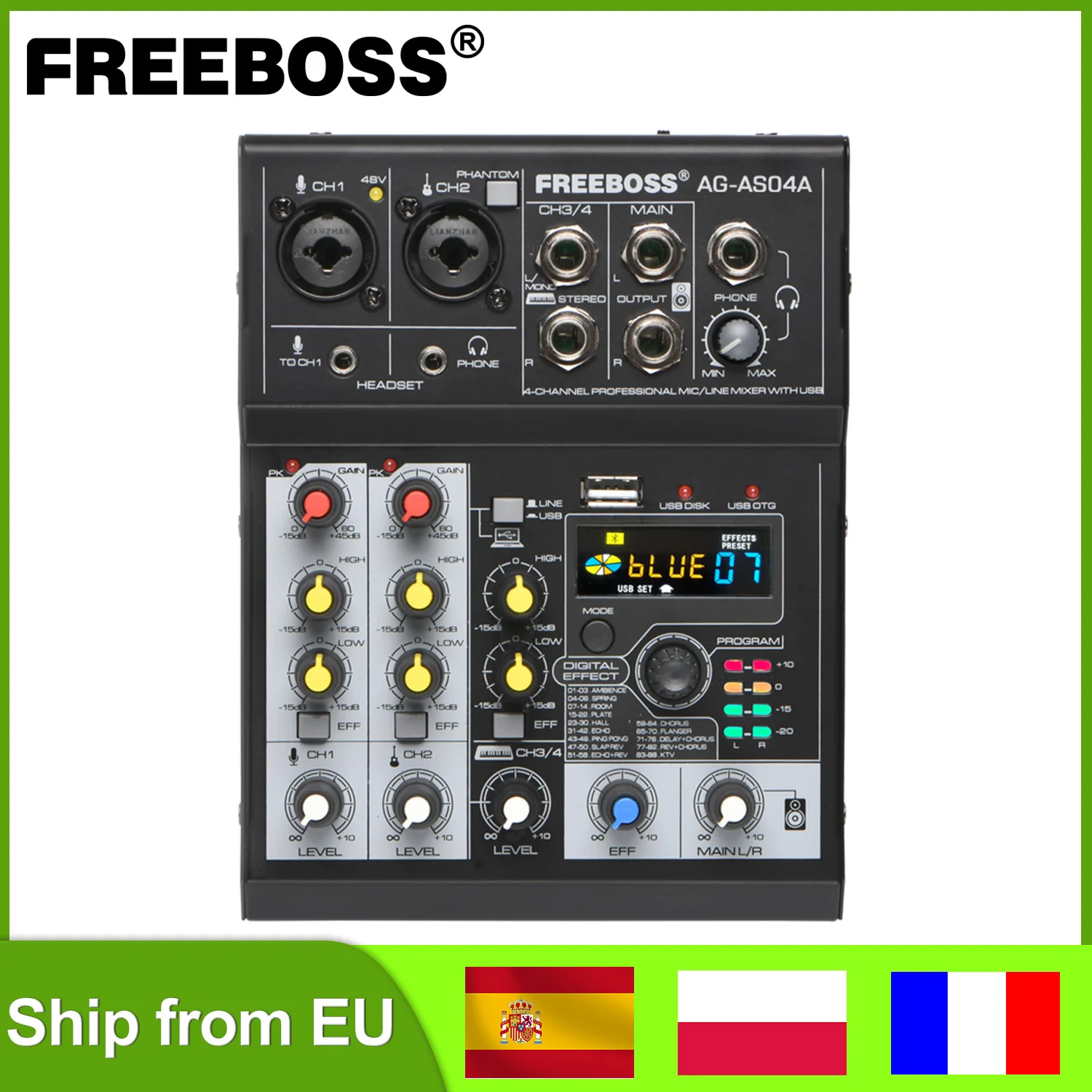 FREEBOSS 4 Channels Audio Mixer 88 DSP Effects Bluetooth Dj Mixing Console USB PC Record Play Portable Sound Table AG-AS04A