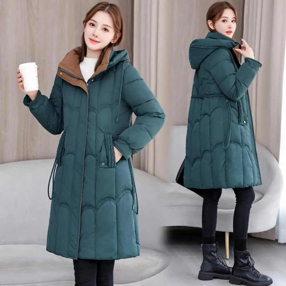 Winter Lady Down Coat Thickened Pockets Zipper Closure Hooded Cotton Jacket Windproof Knee Length Heat Retention Women Outwear