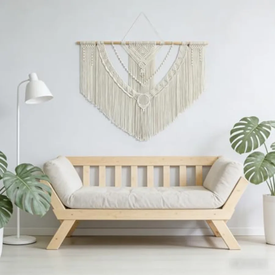 

Large Macrame Wall Hanging - Boho Nordic Geometric Woven Tapestry, Handcrafted Cotton Wall Decor for Living Room Bedroom Entryw