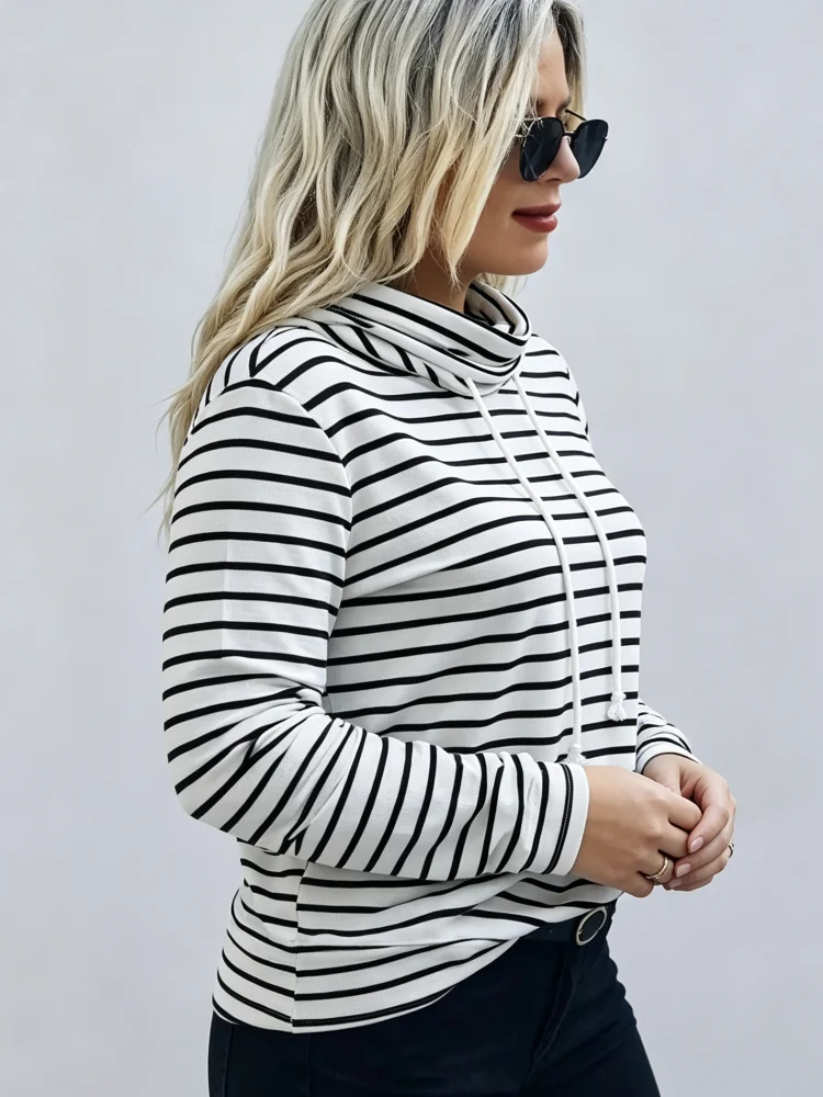 Übergroßes gestreiftes Oberteil mit Rundhalsausschnitt für Damen, langärmelig, mit Kordelzug, lockerer Schnitt, Herbst-Winter, lässig, für den täglichen Gebrauch – Detail 4