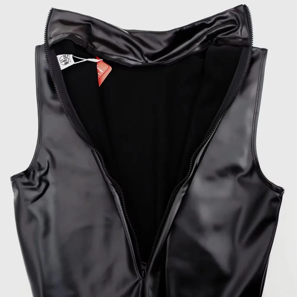 Stylish Man Tight Leotard Sleeveless Jumpsuit Faux Latex Catsuit Elastic PU Leather Tank Bodysuit Bodystocking Unitard Conjoined