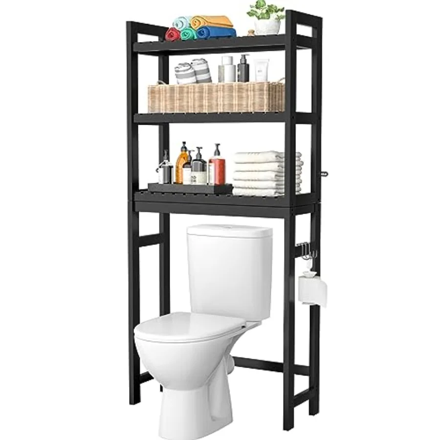 

Bamboo Over The Toilet Storage Shelf 3-Tier Bathroom Tower Organizer Rack with 3 Hooks Freestanding Small Space Unit Black Rust