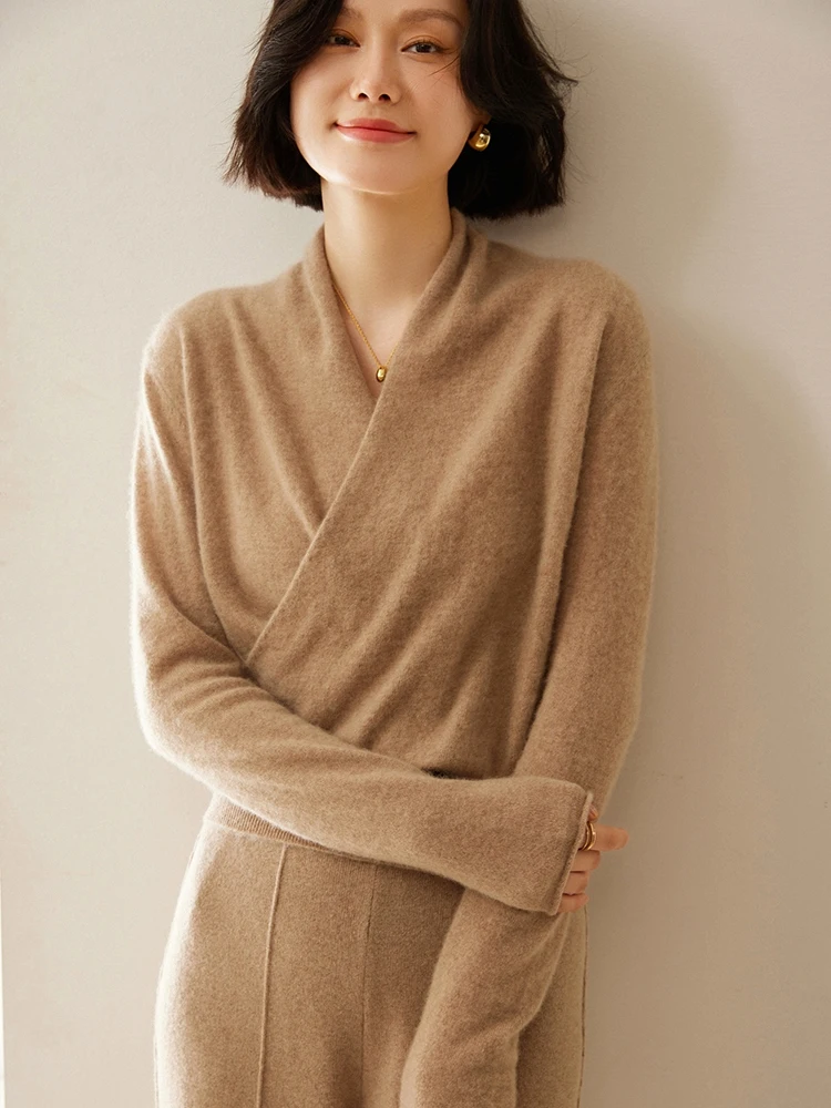 Women\'s 100% Cashmere Sweater Crossover Collar Pullover Office Lady Basic Grace Cashmere Knitwear Autumn Winter Soft Warm Tops
