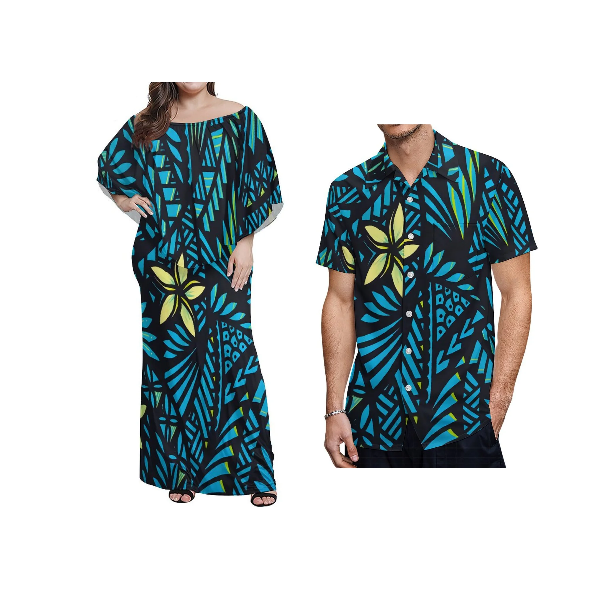 Nova qualidade personalizada roupas femininas polinésia tribal impressão em camadas plissado fora do ombro meio ombro vestido plus size