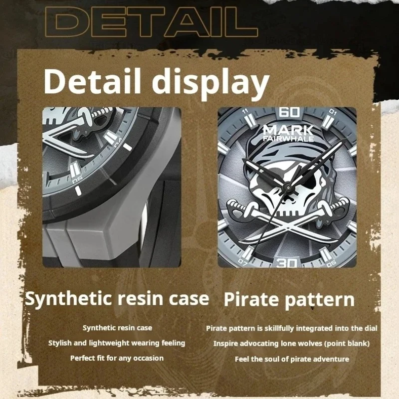 MARK FAIRWHALE Uhren für Herren, 5040, Kunstharzgehäuse, Trend, drehbares Piraten-Zifferblatt, Silikonarmband, wasserdichte Quarz-Armbanduhren, Geschenkbox