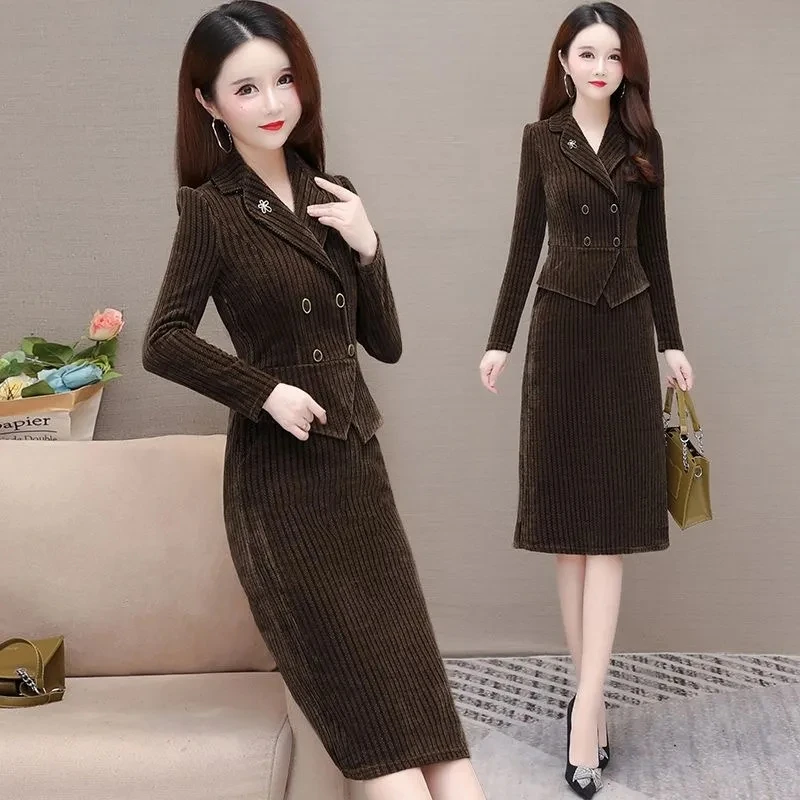 Slim Corduroy Skirt 2 Piece Set Short Blazer Jacket + Straight Midi Faldas Ensembles Plus Size 4xl Elegant Women Skirts Conjunto