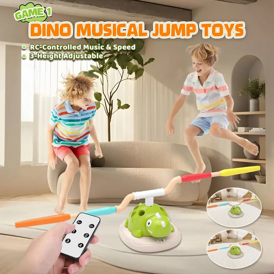 3 in 1 Dinosaur Musical Jumping, Toss Ring and Stomping Launch Rocket Launcher, Indoor amp Outdoor Sports Toys with Remote Contr