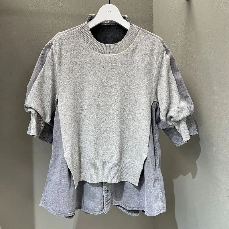 SAC spliced denim knitted sweater loose casual short-sleeved slim-fit top