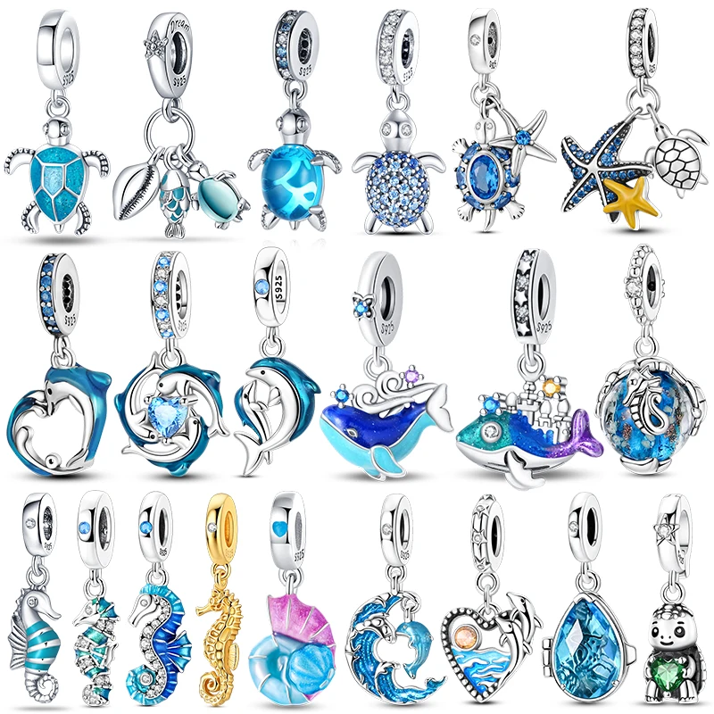 Abalorios de plata de ley originales de la serie Blue Ocean, con forma de tortuga marina y caballito de mar, compatibles con pulseras de 3 mm, para mujeres, regalos de joyería DIY.