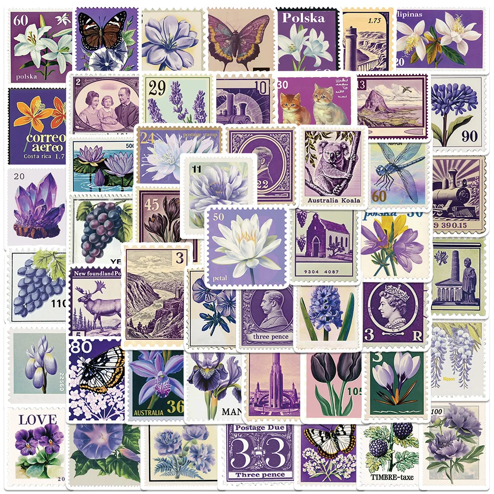 50 Stück lila Vintage ästhetische Stempel-Stil Pflanzen Blumen Aufkleber für Gepäck Laptop Gitarre Briefpapier wasserdichte Vinyl-Aufkleber