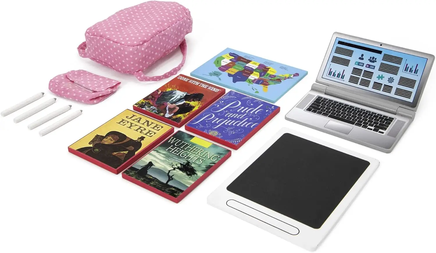 เฟอร์นิเจอร์ตุ๊กตา 18 นิ้วชุดโต๊ะโรงเรียนและห้องเรียน - สีขาว, ชุดของเล่นไม้พร้อมอุปกรณ์การศึกษา, เหมาะกับตุ๊กตา 14 "-18"