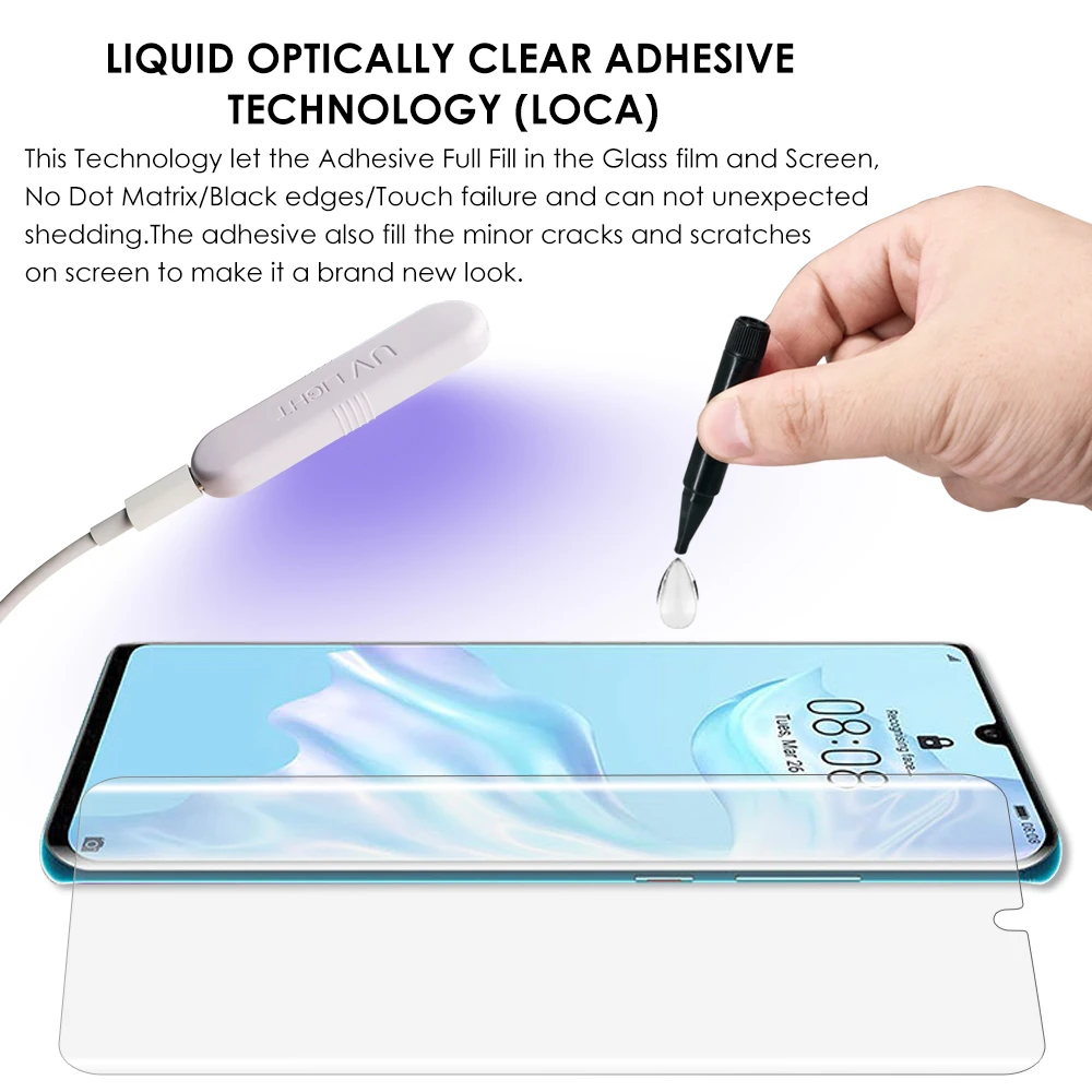 Akcoo P30 Pro Gehard Glas UV volledige lijm voor Huawei P30 Pro screenprotector screenenguard Glasfilm met Oleofobe Coating