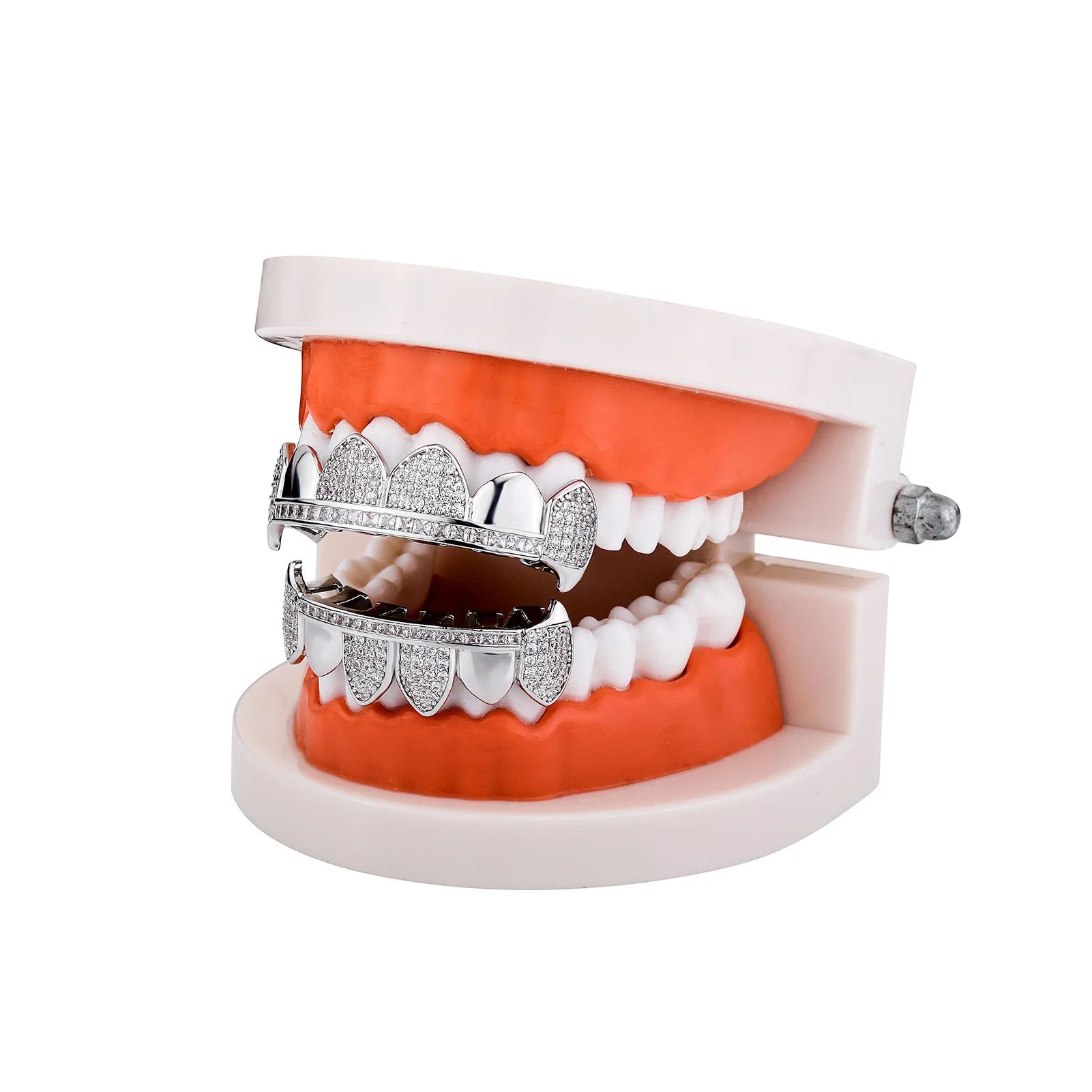Gold Silver Half Iced Out Vampire Fang Grillz Upper Lower Copper CZ Bar Polished Teeth Caps Hip Hop Rapper Full Set Men Women