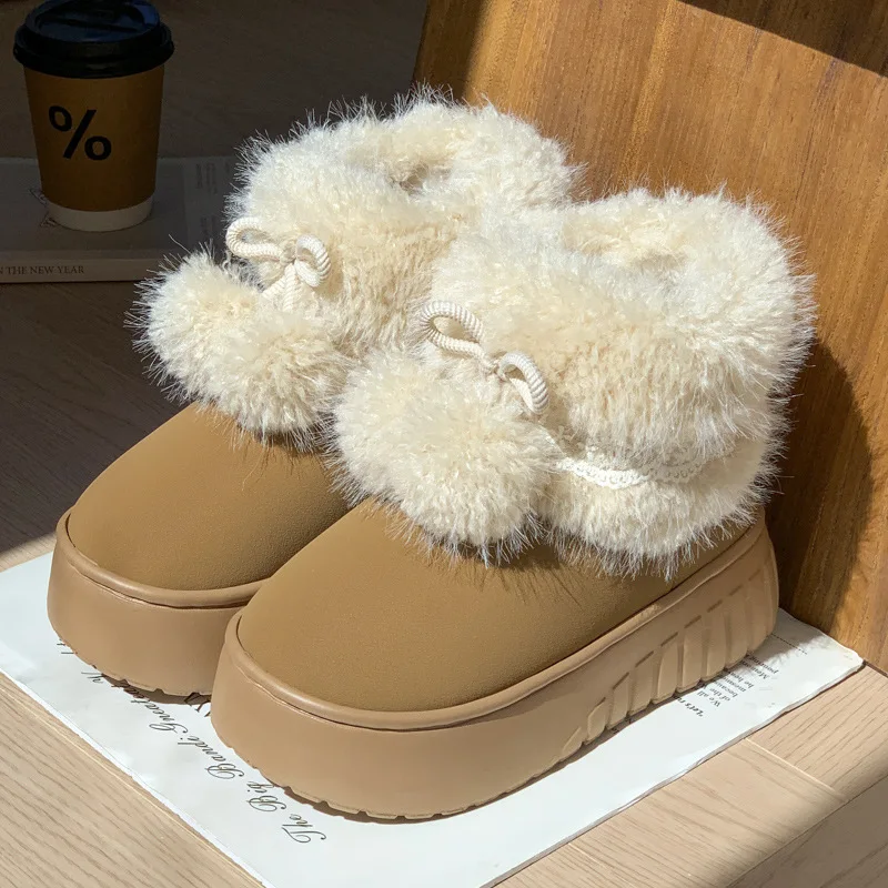 

Women Fashion Snow Boots Warm Faux Fur Winter Platform Shoes Thick Sole Cute Plush Balls Female Indoor Street Short Botas，2025