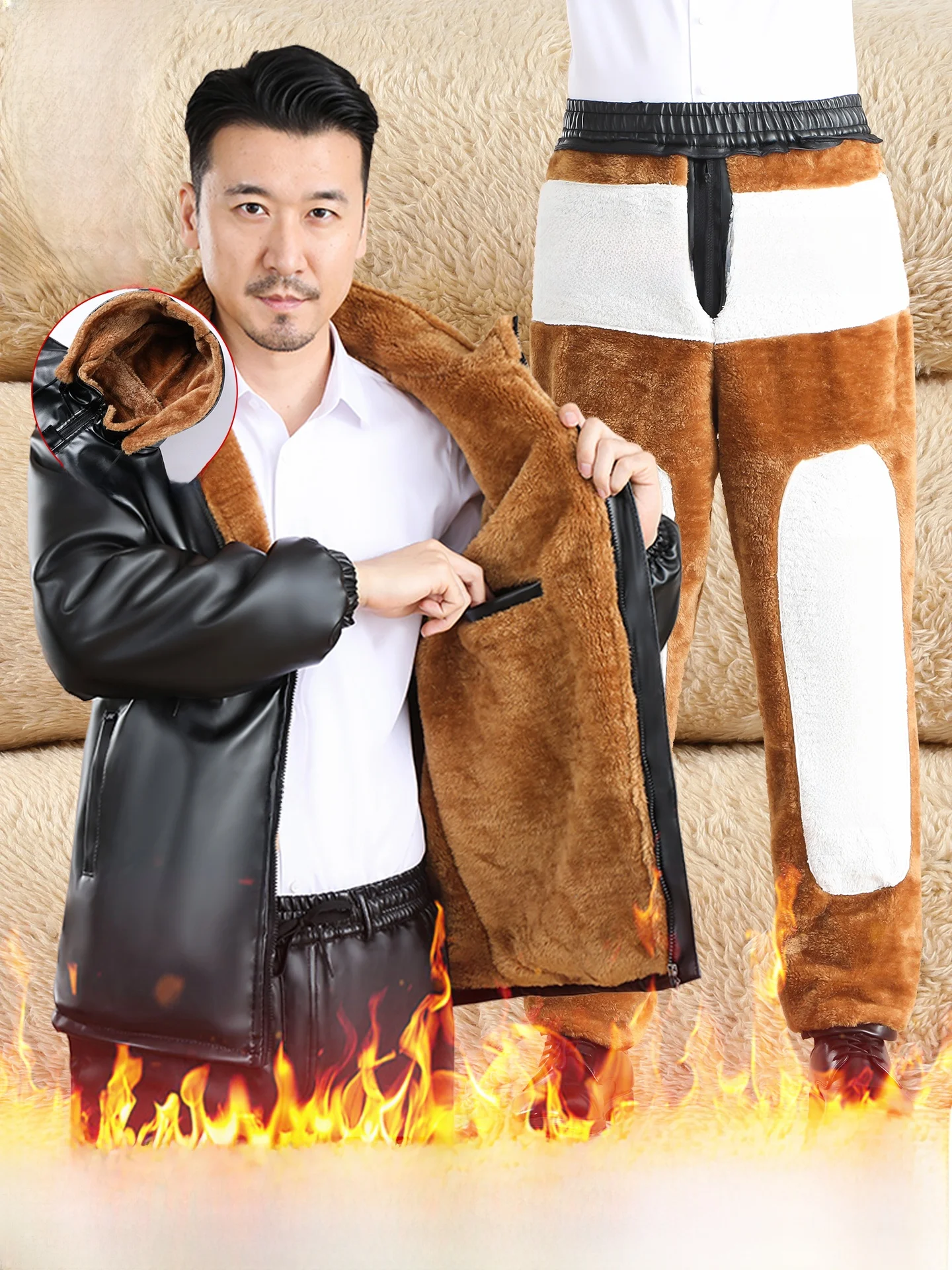 

Men's Winter Leather Jaet And Pants Set Fce Lined Thiened Workwear Riding Waterproof Outdoor Clothing Casual Sle