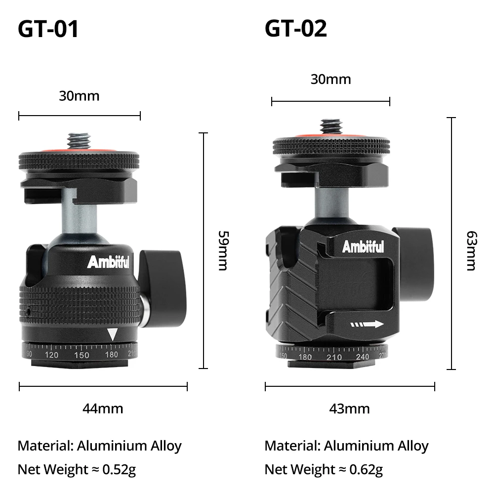 Ambitful GT-01/GT-02 Aluminum Alloy Tripod Ball Head 1/4 screw interface and hot shoe interface for for LED light/Camera/camera