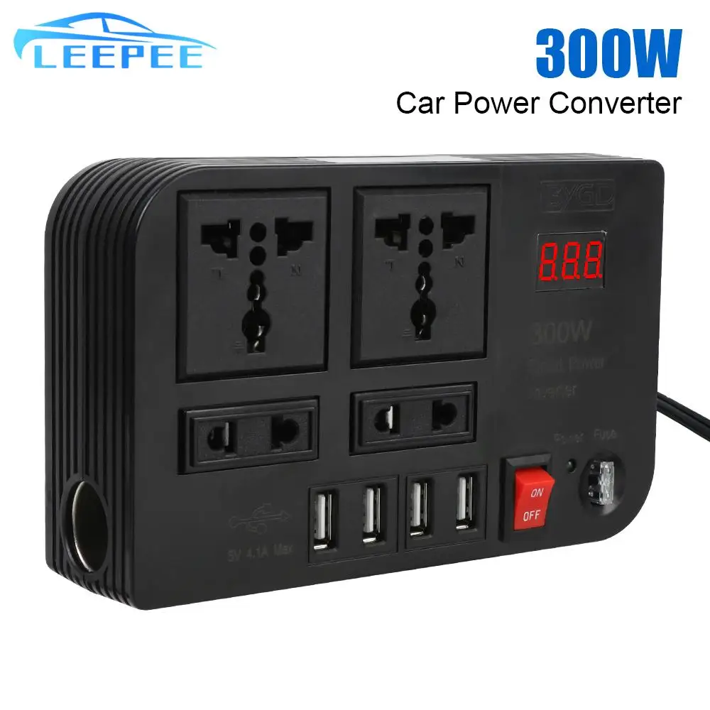 300W Power Adapter 4 USB Ports 4 AC Sockets Car Inverter ON/OFF Switch Overload Protection DC 12V to AC 220V Converter