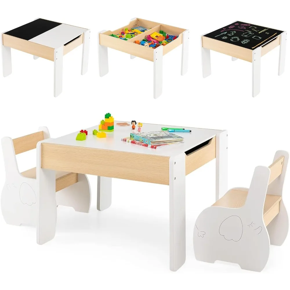 

Kids Table and Chair Set, 4 in 1 Wooden Activity Table & 2 Chairs with Detachable Blackboard for Arts, Crafts, Drawing, Reading