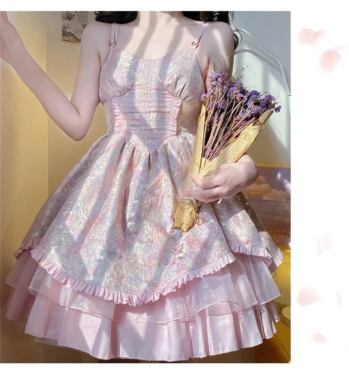 Französisch Süße Romantische Jsk Lolita Cosplay Nette Mädchen Dark Muster Jacquard Spitze Tunika Mesh Bogen Rüschen Backless Prinzessin Kleid