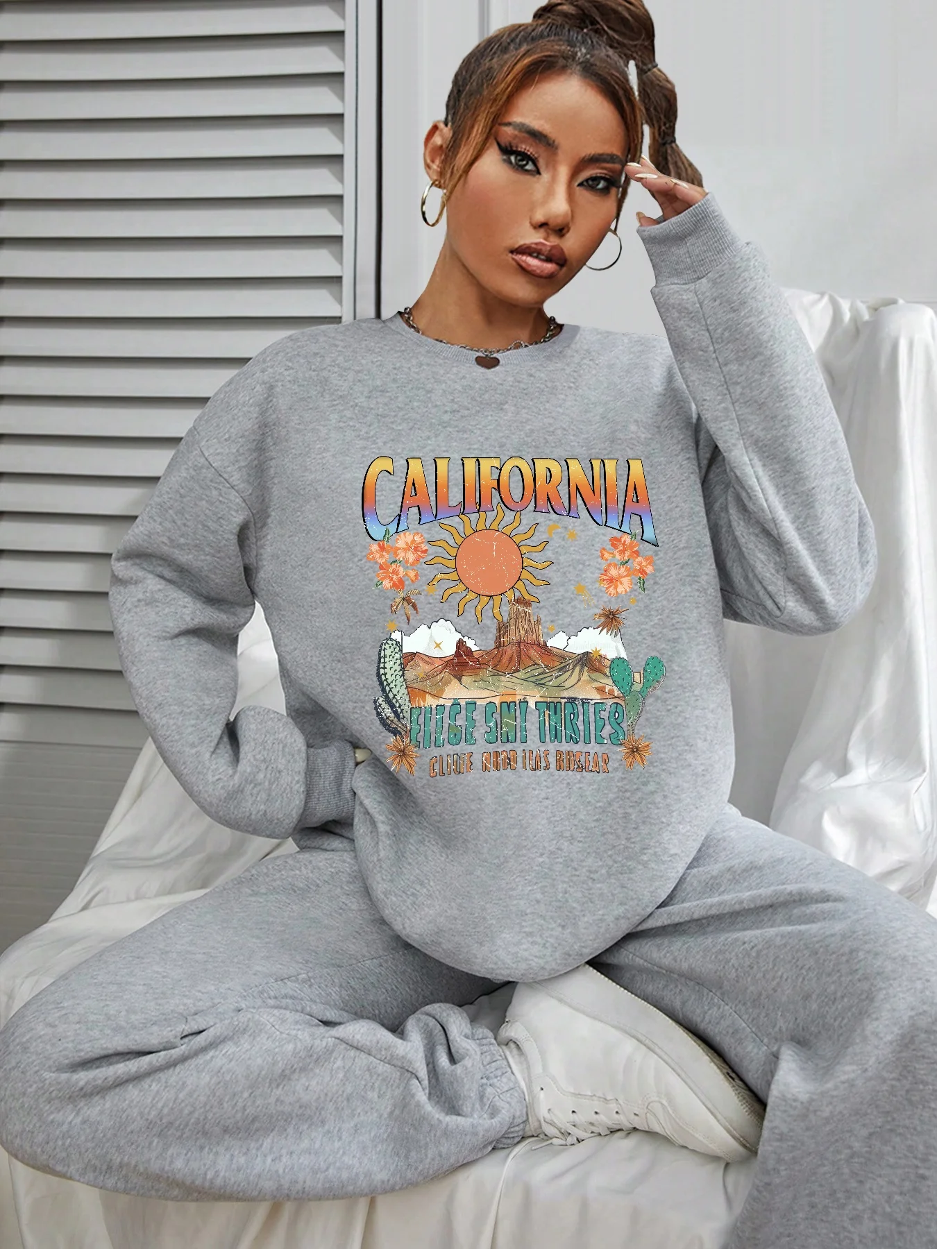 2024 Winter Truien Vrouwen California Gedrukt Casual Sweatshirt Dames Lange Mouw Blouses O-hals Vrouwelijke Mode Kleding Tops