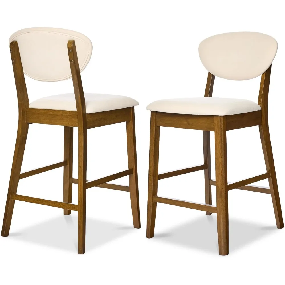 

Bar Stool Set of 2, Mid-Century Modern Upholstered Wood, Armless Counter Height w/Seat Cushion, Backrest - Walnut/Cream