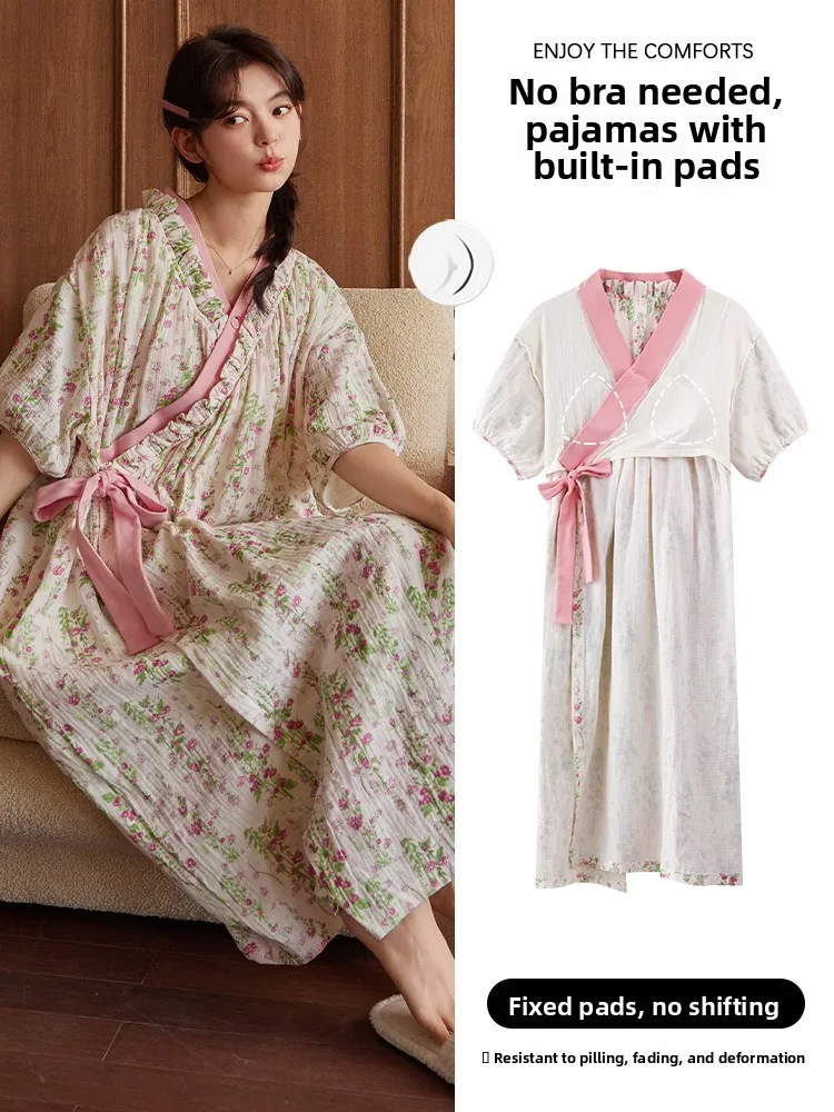 

Summer Thin Pure Cotton Sp Robe Women's Home Clothes with Chest Pad Mid-Length Cartoon Cute Printable V-Ne ort Sve