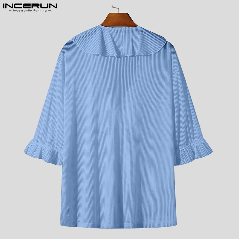 INCERUN Men Shirt V Neck Half Sleeve Ruffle Elegant Casual Men Clothing Transparent Streetwear 2024 Fashion Leisure Male Shirts