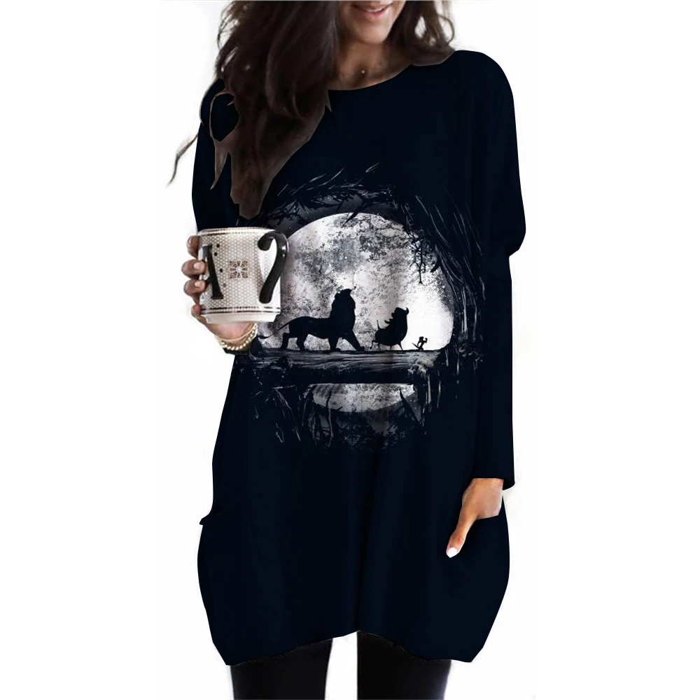 2024 Spring/Autumn Long Sleeve T-shirt Disney Lion King Printed Women's Top Women's Cartoon Printed Pocket T-shirt