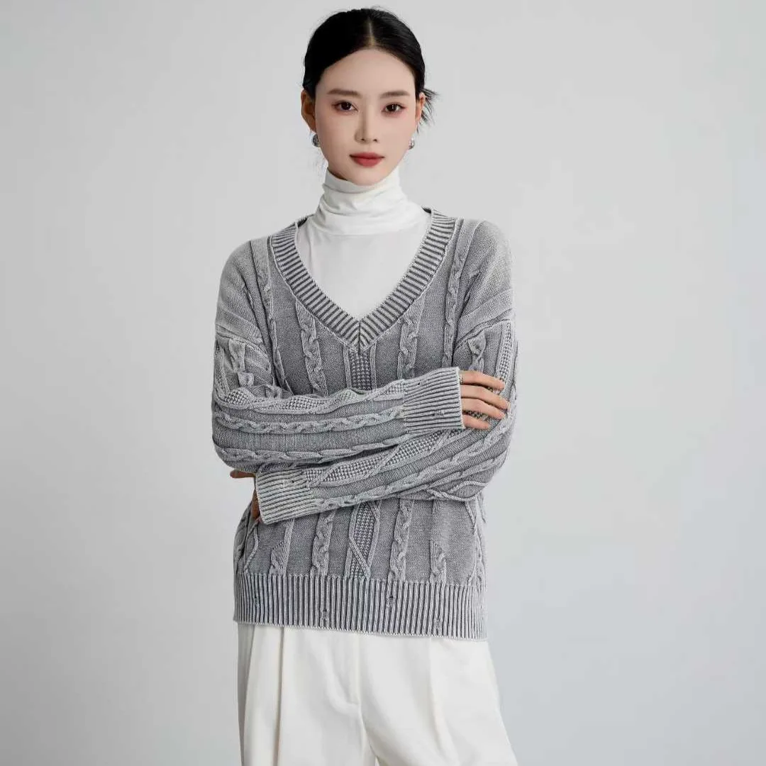 

2025 Retro Twisted V-neck Long-Sleeved Loose Knit Sweater with Button-Up Collar New Fall/Winter Style Weathered Holes Outerwear