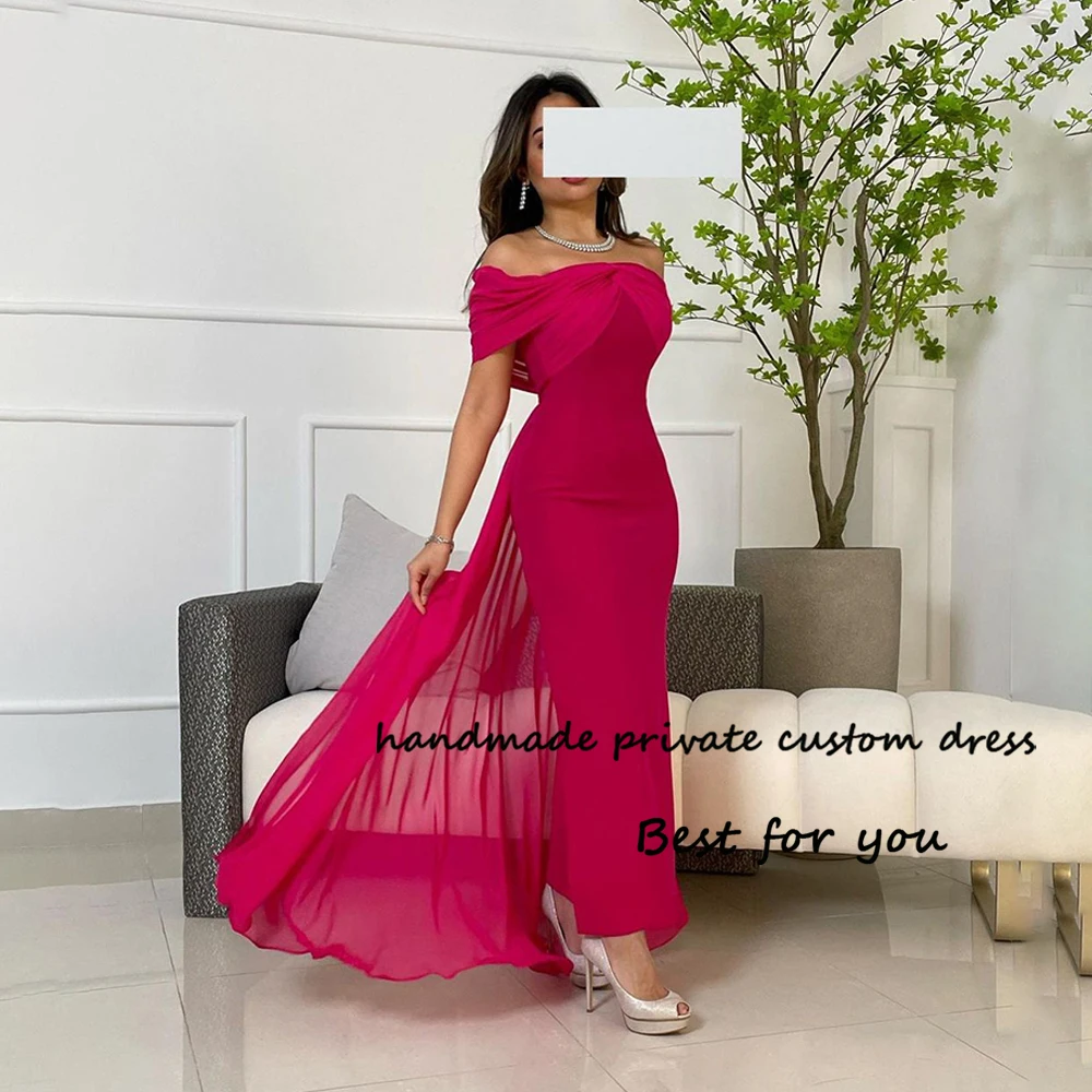 

Fuchsia Mermaid Evening Dresses for Women Off Shoulder Arabian Dubai Formal Prom Dress with Train Floor Length