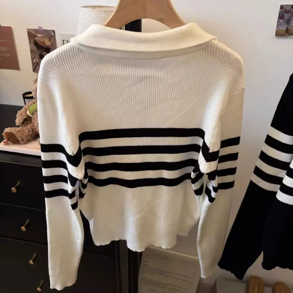 

Leisure Long Sleeve Knit Stripe Sweater Zipper Autumn Winter Knitted Crop Top Soft Slim Fit Crochet Knitwear Girl