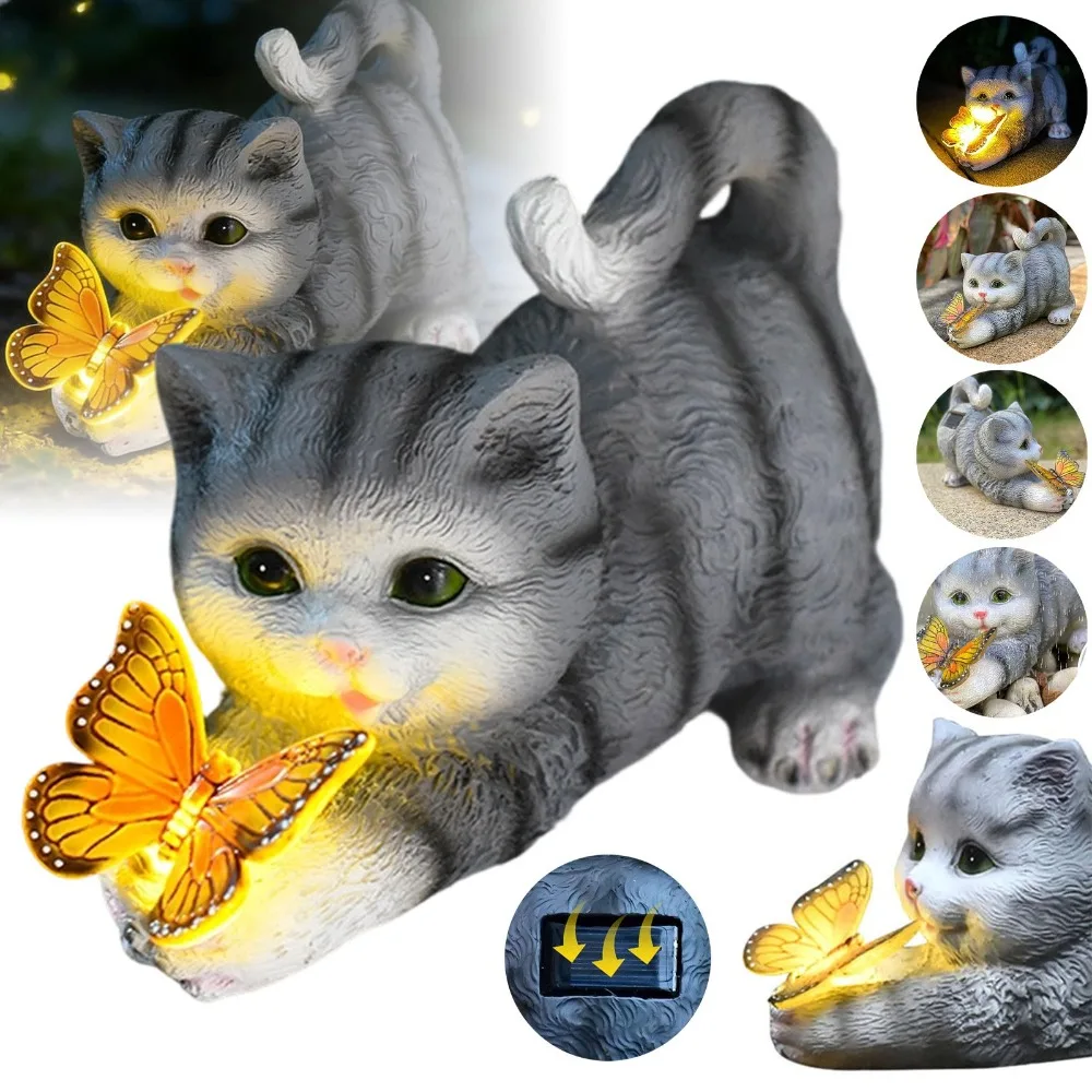 Niedliche Katzenfigur aus Kunstharz mit integriertem solarbetriebenem Schmetterlingslicht, automatisch leuchtende Gartenfigur, warme magische Beleuchtungsdekoration für Garten, Terrasse und Rasen –