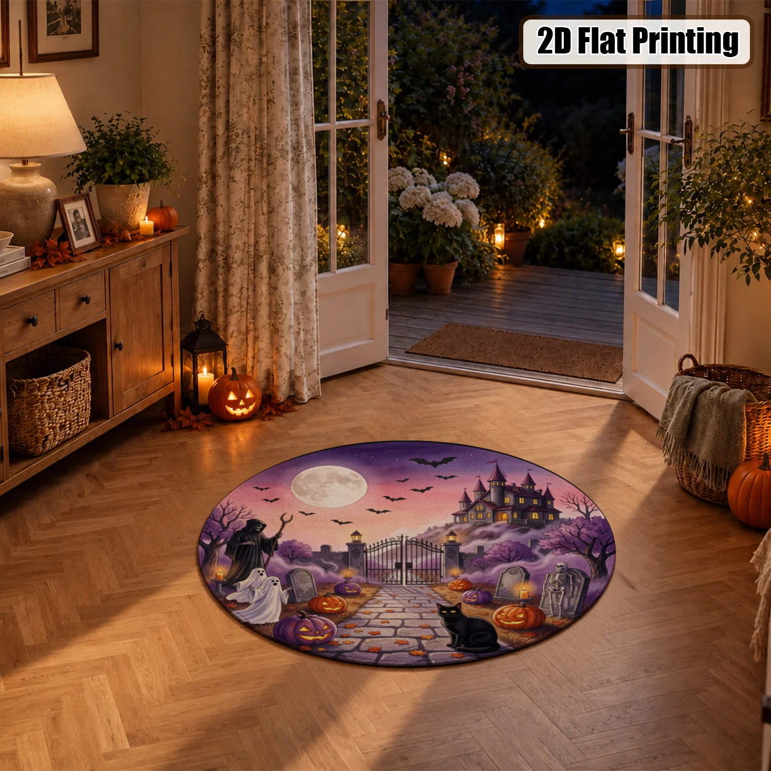 Halloween Haunted Castle Ghost Pumpkin Bat Moon Round Velvet Rug, Machine Washable Stable Floor Mat for Living Room Bedroom Entryway, Ideal for Halloween Thanksgiving Black Friday Christmas New Year Holiday Decor