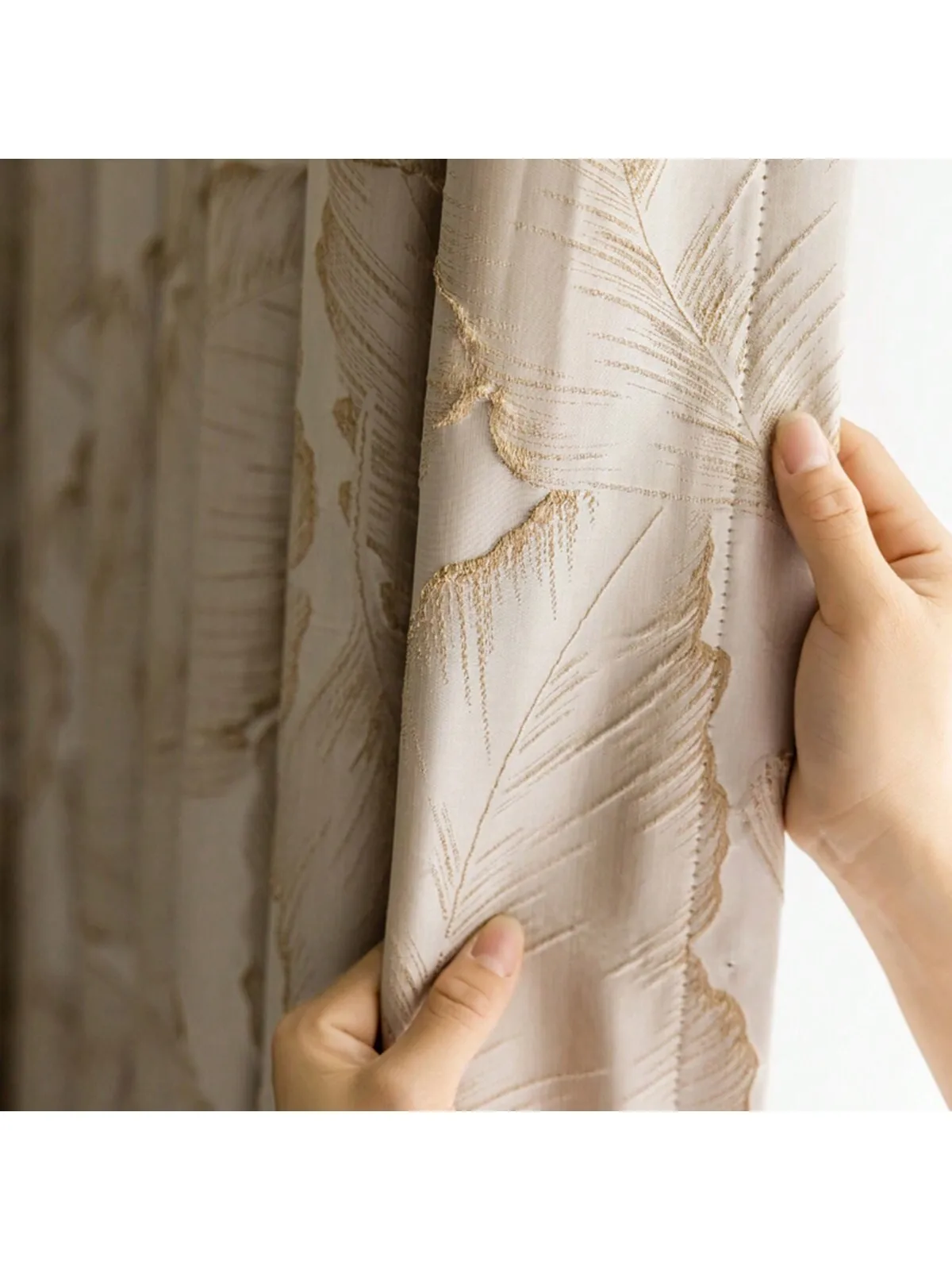 1PC Beige Embossed Leaf Pattern Light Blocking Curtain for Luxury Villa Living Room Bedroom Window