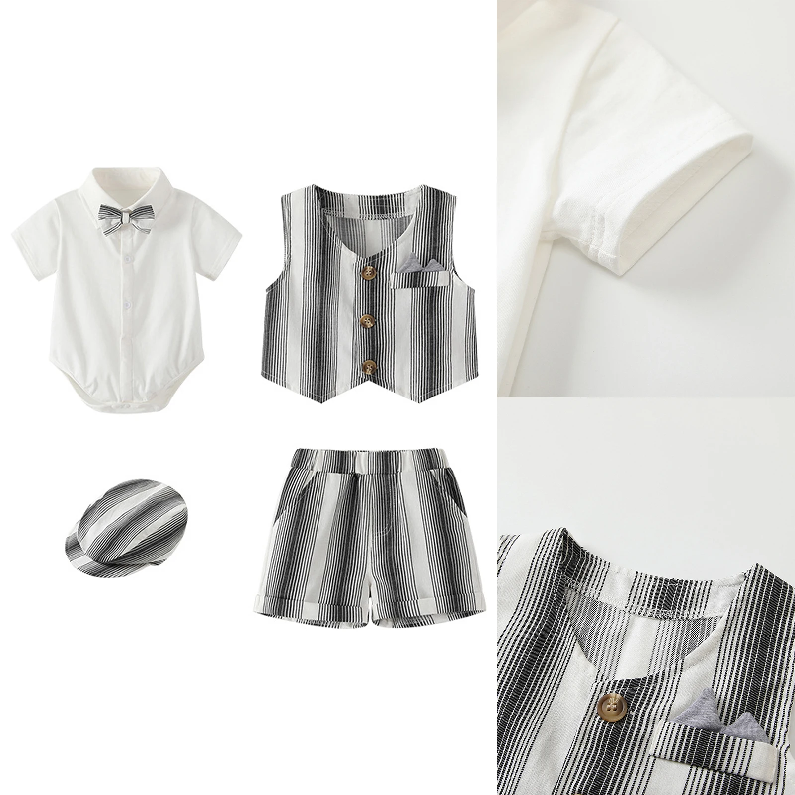 

Baby Boys Gentleman Outfit Suits Summer Short Sleeve Lapel Bowtie Rompers with Striped Vest Shorts Hat for Baptism Wedding Party