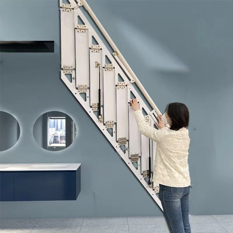 Escaleras plegables contra la pared, escalera plegable de prueba de villa, escaleras de pared, escaleras dúplex pequeñas para ático doméstico