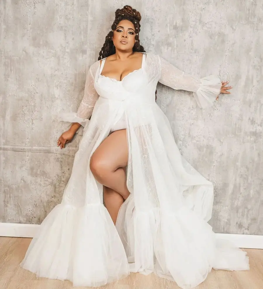 Plus Size Lace Bride Robe And Nightgown Long Sleeve Bridal Gowns Photo shoot Maternity Dressing Gown for Photography