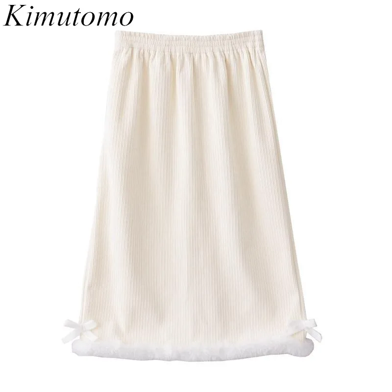 

Kimutomo Skirts Women Sweet Bow Autumn Winter Fashion Stretch High Waist Preppy Style Elegant Y2k Long Skirt Female Casual