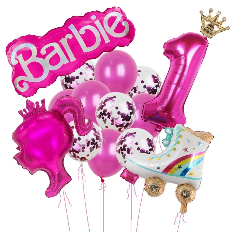 15 pz rosa Barbie corona cuore stella Foil Globos rosa rosso paillettes palloncino in lattice numero 1-9th Baby Shower bambini ragazza festa di